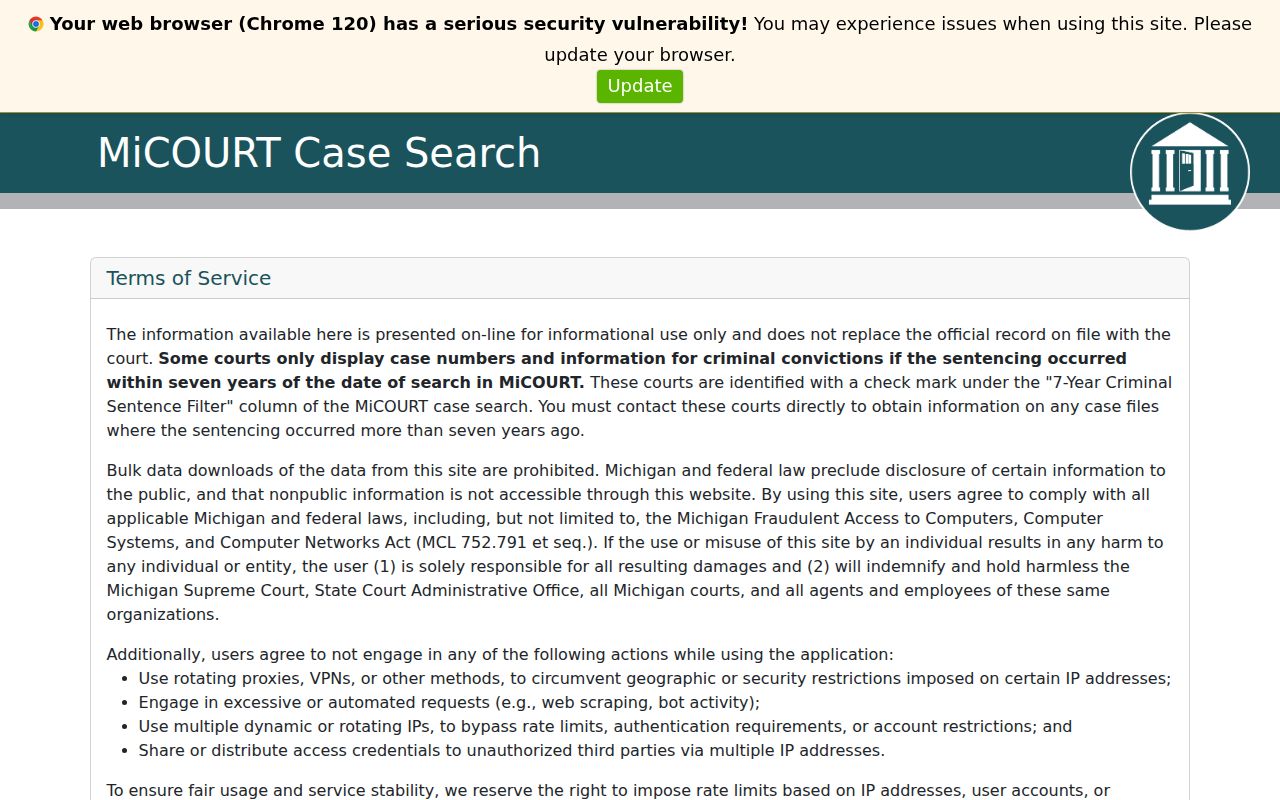 Crawford County warrant check: Michigan statewide public case search page