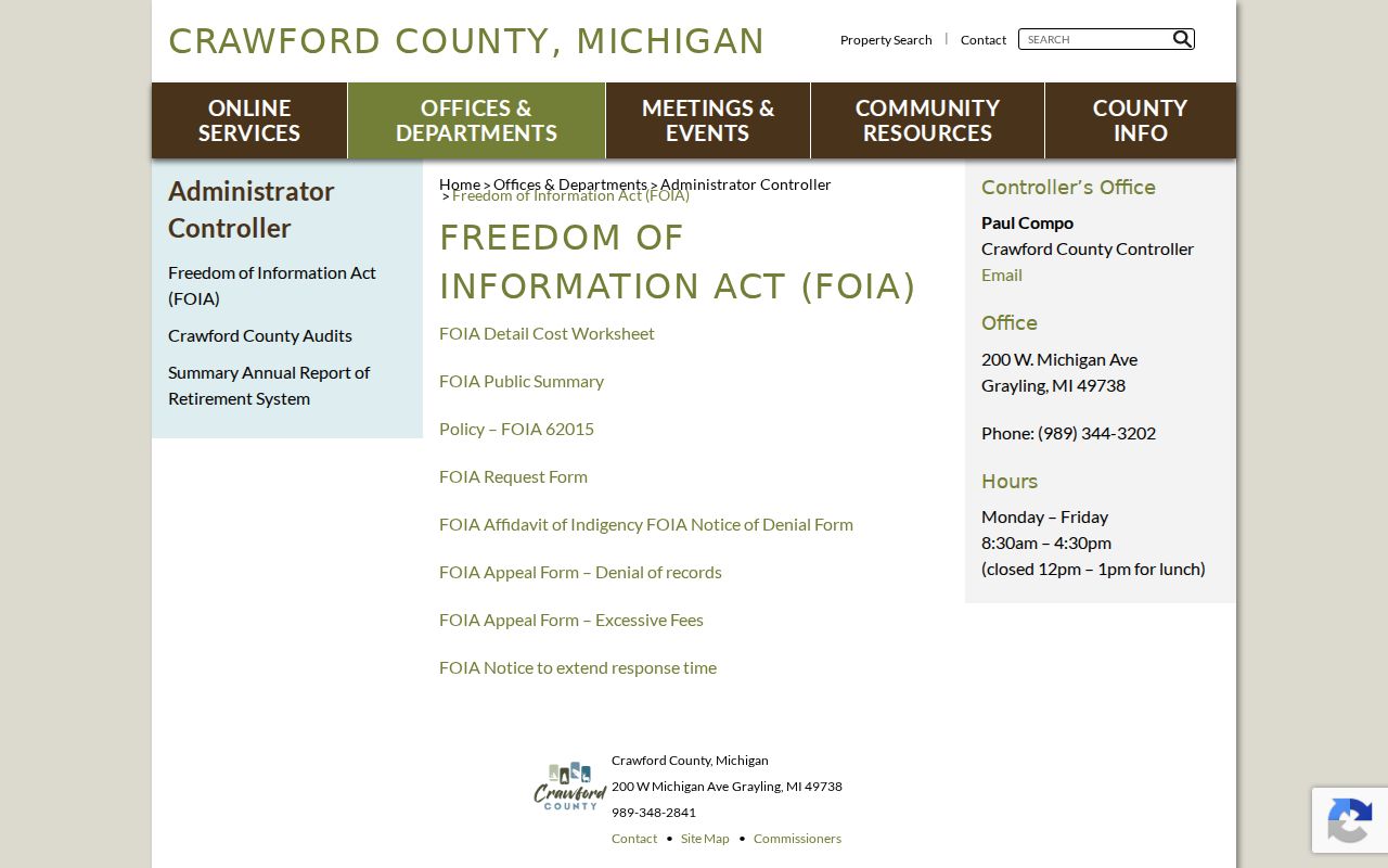 Crawford County warrant records: county FOIA coordinator page and request forms