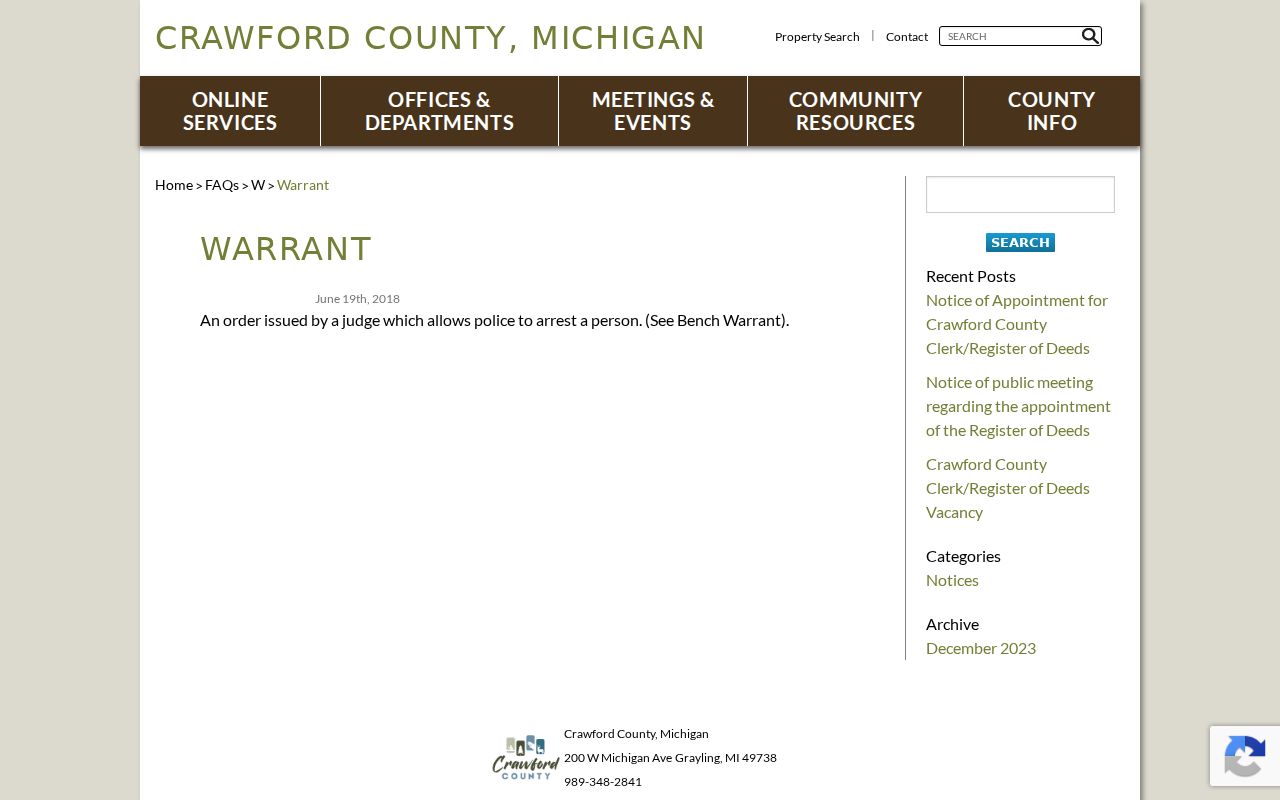 Crawford County active warrant search: county plain-language warrant definition page